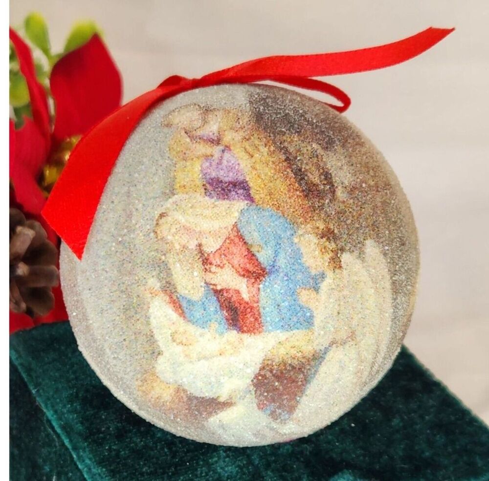 Vintage Nativity Scene Christmas Ornament Sugar Frosted Orb Ball Ornament w/Box